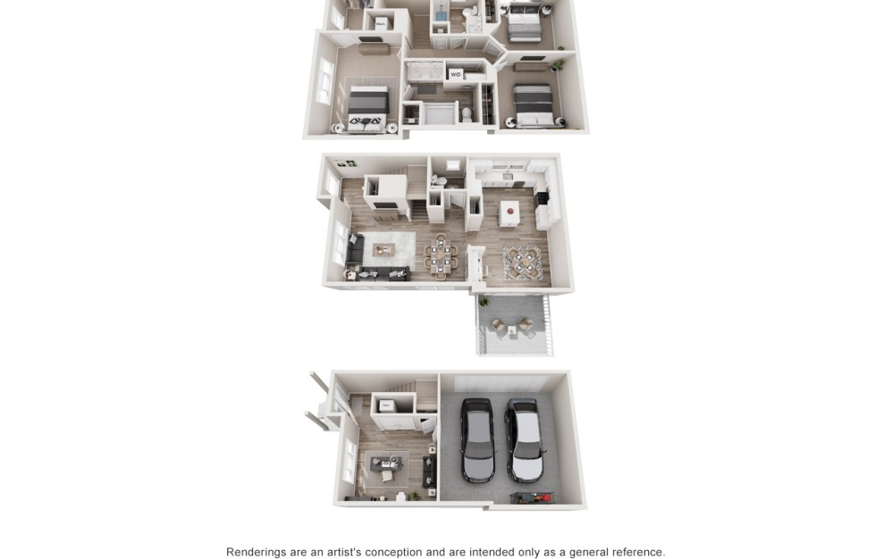 Bella - 3 bedroom floorplan layout with 2.5 bathrooms and 2138 square feet (Townhome, 3D)