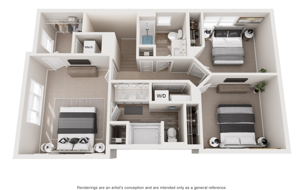 Bella - 3 bedroom floorplan layout with 2.5 bathrooms and 2138 square feet (Floor 3, 3D)