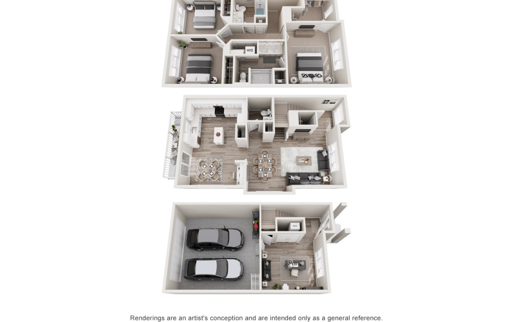 Amore - 3 bedroom floorplan layout with 2.5 bathrooms and 2070 square feet (Townhome, 3D)