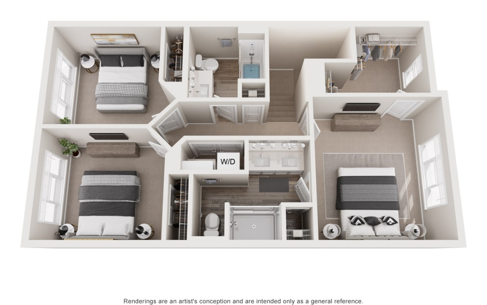 Amore - 3 bedroom floorplan layout with 2.5 bathrooms and 2070 square feet (Floor 3, 3D)