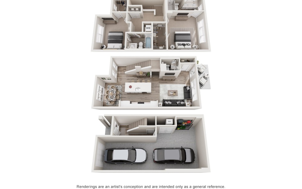 Casa - 2 bedroom floorplan layout with 2.5 bathrooms and 1513 square feet (Townhome, 3D)